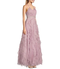 Pear Culture Glitter Mesh V-Neck Spaghetti Strap Drop Waist Corkscrew Dress