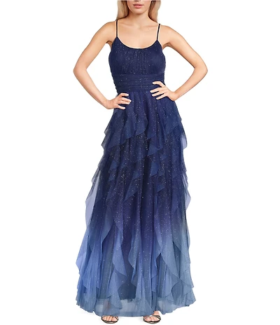 Pear Culture Glitter Ombre Corkscrew Tulle Long Dress