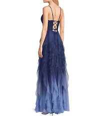 Pear Culture Glitter Ombre Corkscrew Tulle Long Dress