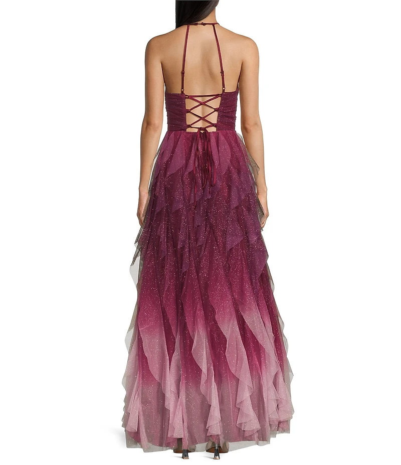 Pear Culture Glitter Ombre Corkscrew Tulle Long Dress