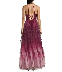 Pear Culture Glitter Ombre Corkscrew Tulle Long Dress