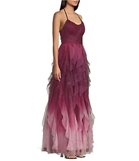 Pear Culture Glitter Ombre Corkscrew Tulle Long Dress