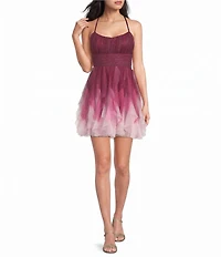 Pear Culture Glitter Ombre Mesh Corkscrew Lace Up Back Dress