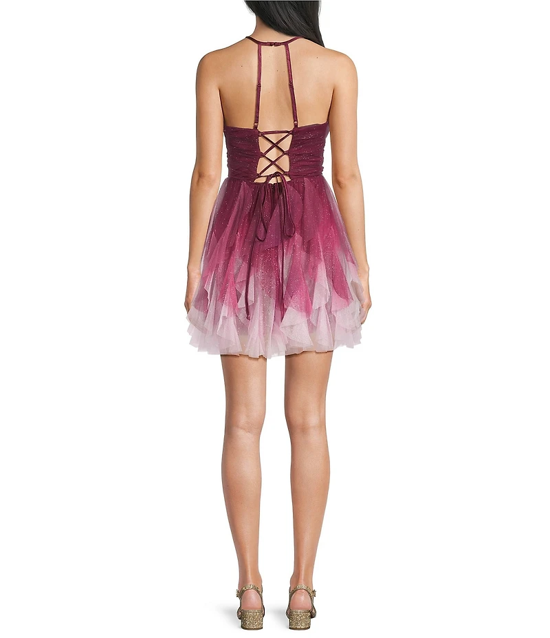 Pear Culture Glitter Ombre Mesh Corkscrew Lace Up Back Dress