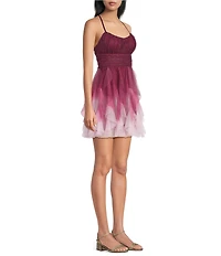 Pear Culture Glitter Ombre Mesh Corkscrew Lace Up Back Dress