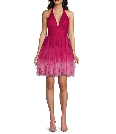 Pear Culture Glitter Ombre Mesh Halter V-Neck Ruffle Dress