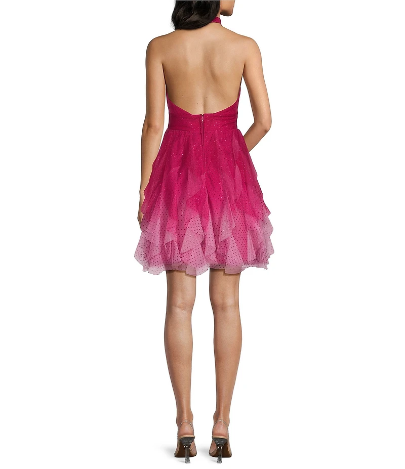 Pear Culture Glitter Ombre Mesh Halter V-Neck Ruffle Dress