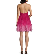 Pear Culture Glitter Ombre Mesh Halter V-Neck Ruffle Dress