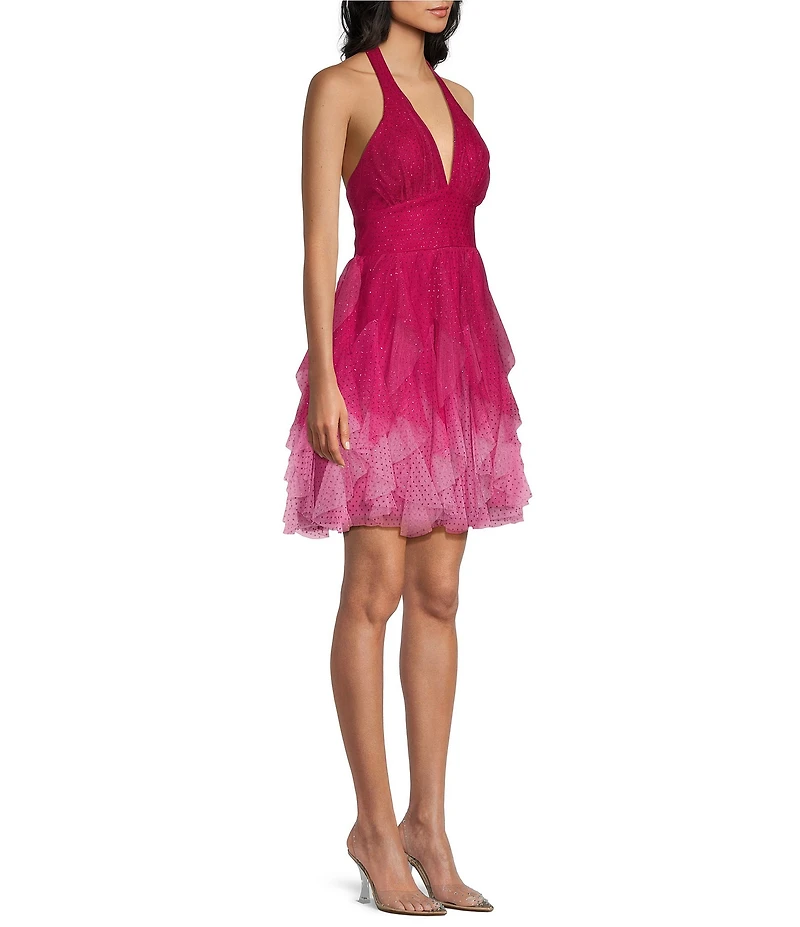 Pear Culture Glitter Ombre Mesh Halter V-Neck Ruffle Dress