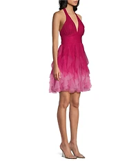 Pear Culture Glitter Ombre Mesh Halter V-Neck Ruffle Dress