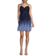 Pear Culture Glitter Ombre Mesh Pleated Sweetheart Neck Corkscrew Ruffled Dress