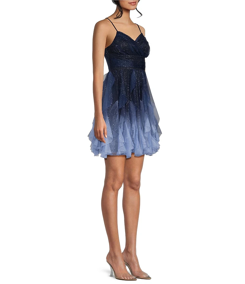 Pear Culture Glitter Ombre Mesh Pleated Sweetheart Neck Corkscrew Ruffled Dress