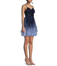 Pear Culture Glitter Ombre Mesh Pleated Sweetheart Neck Corkscrew Ruffled Dress