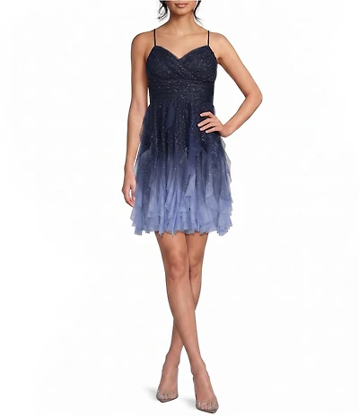 Pear Culture Glitter Ombre Mesh Pleated Sweetheart Neck Corkscrew Ruffled Dress