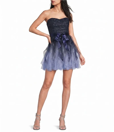 Pear Culture Glitter Ombre Mesh Strapless Corseted Bow Front Corkscrew Ruffle Dress