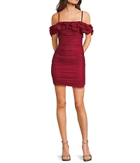 Pear Culture Glitter Power Mesh Off The Shoulder Ruffled Bodycon Dress