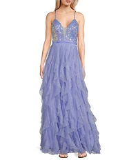 Pear Culture Glitter Sequin V-Neck Mesh Corkscrew Ball Gown