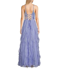 Pear Culture Glitter Sequin V-Neck Mesh Corkscrew Ball Gown