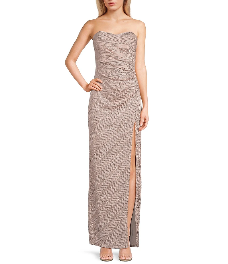 Pear Culture Glitter Sweetheart Neck Strapless Faux-Wrap Side Slit Gown