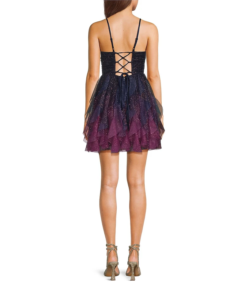 Pear Culture Mesh Ombre Glitter V-Neck Petal Dress