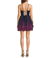 Pear Culture Mesh Ombre Glitter V-Neck Petal Dress