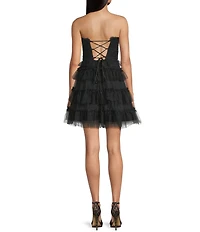 Pear Culture Mesh Strapless Fit-And-Flare Tiered Mini Dress
