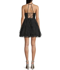 Pear Culture Mesh V-Illusion Halter Neck Pearl Trim Dress