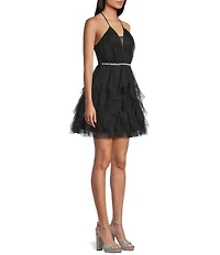 Pear Culture Mesh V-Illusion Halter Neck Pearl Trim Dress