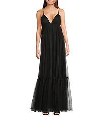Pear Culture Mesh V-Neck Spaghetti Strap Tiered Dress