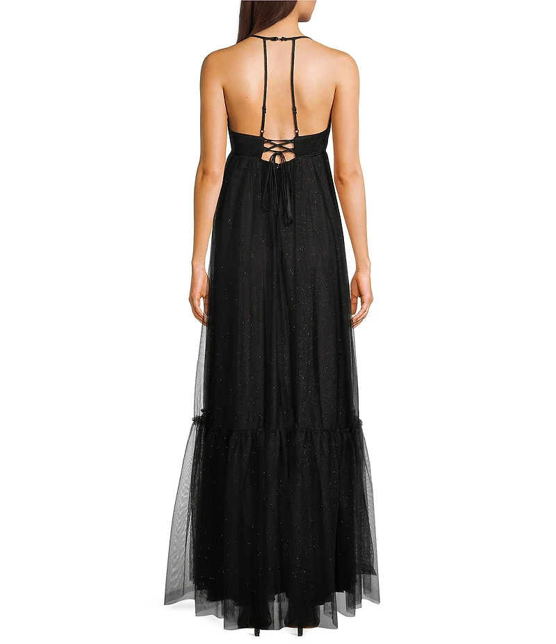 Pear Culture Mesh V-Neck Spaghetti Strap Tiered Dress