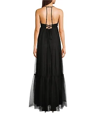 Pear Culture Mesh V-Neck Spaghetti Strap Tiered Dress