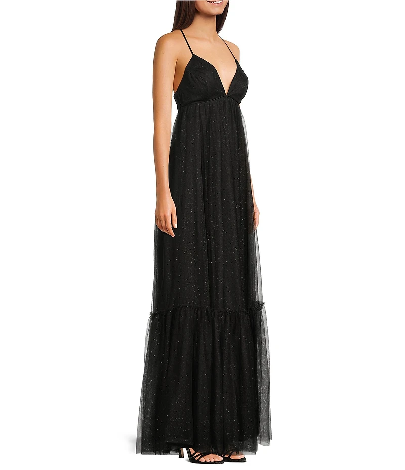 Pear Culture Mesh V-Neck Spaghetti Strap Tiered Dress