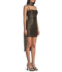 Pear Culture Metallic Square Neck Scarf Bodycon Dress