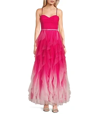 Pear Culture Ombre Glitter Mesh Corseted Bodice Cascading Ruffle Tiered Dress