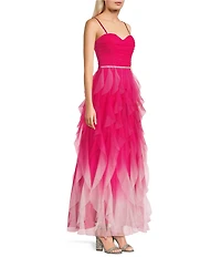 Pear Culture Ombre Glitter Mesh Corseted Bodice Cascading Ruffle Tiered Dress