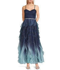 Pear Culture Ombre Glitter Mesh Corseted Bodice Cascading Ruffle Tiered Long Dress