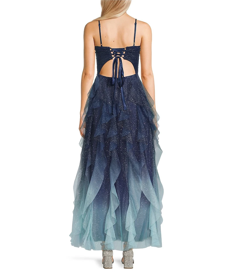 Pear Culture Ombre Glitter Mesh Corseted Bodice Cascading Ruffle Tiered Long Dress