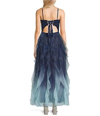 Pear Culture Ombre Glitter Mesh Corseted Bodice Cascading Ruffle Tiered Long Dress