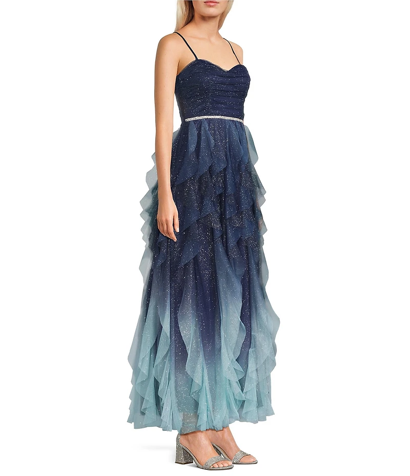 Pear Culture Ombre Glitter Mesh Corseted Bodice Cascading Ruffle Tiered Long Dress
