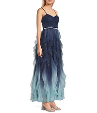 Pear Culture Ombre Glitter Mesh Corseted Bodice Cascading Ruffle Tiered Long Dress