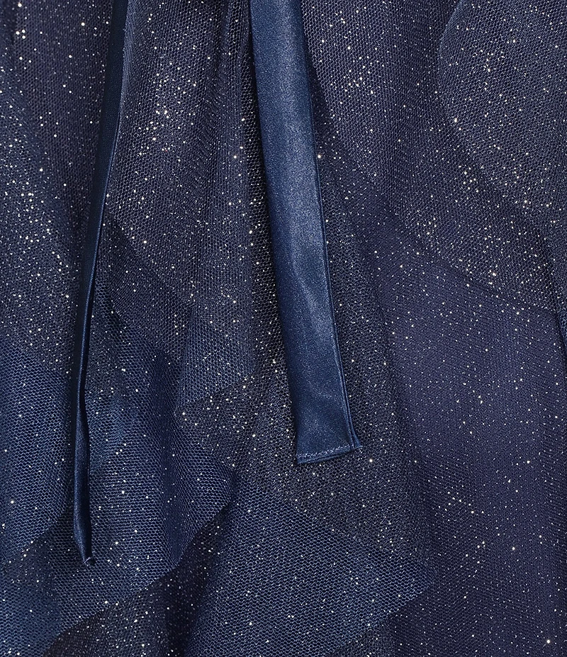 Pear Culture Ombre Glitter Mesh Corseted Bodice Cascading Ruffle Tiered Long Dress