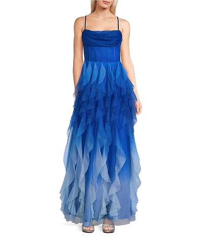 Pear Culture Ombre Glitter Mesh Cowl Neck Corseted Ruffle Tiered Dress