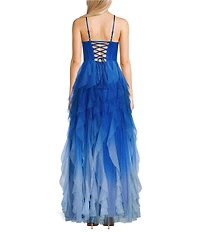 Pear Culture Ombre Glitter Mesh Cowl Neck Corseted Ruffle Tiered Dress