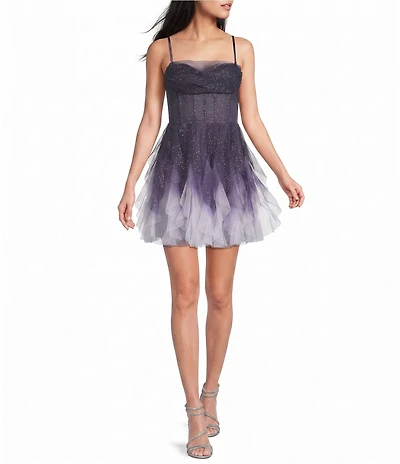 Pear Culture Ombre Glitter Mesh Drape Neck Corseted Corkscrew Ruffled Dress