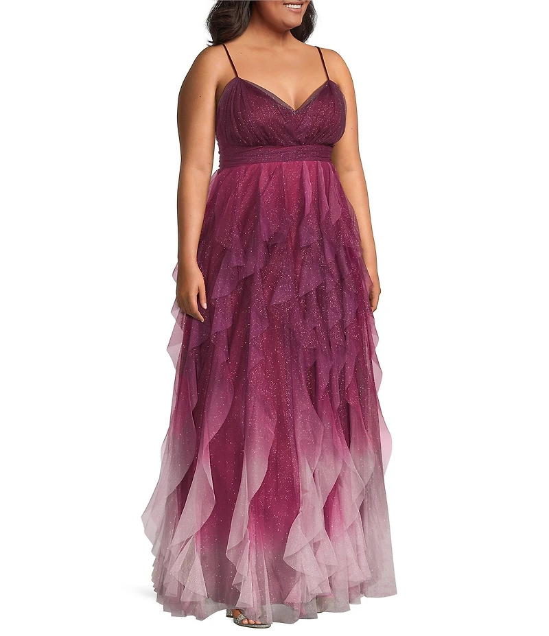 Pear Culture Plus Size Ombre Glitter Mesh Sleeveless V-Neck Dress