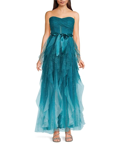 Pear Culture Ombre Glitter Mesh Strapless Illusion Corseted Tie Front Ruffled Maxi Dress