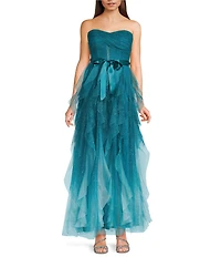 Pear Culture Ombre Glitter Mesh Strapless Illusion Corseted Tie Front Ruffled Maxi Dress