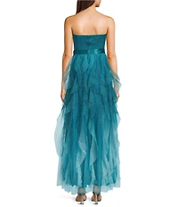 Pear Culture Ombre Glitter Mesh Strapless Illusion Corseted Tie Front Ruffled Maxi Dress