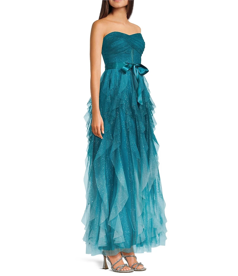 Pear Culture Ombre Glitter Mesh Strapless Illusion Corseted Tie Front Ruffled Maxi Dress
