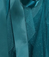 Pear Culture Ombre Glitter Mesh Strapless Illusion Corseted Tie Front Ruffled Maxi Dress